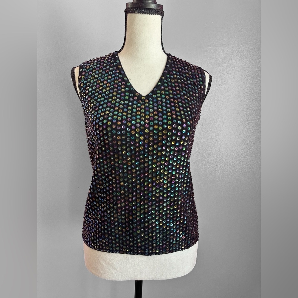 Joseph A. Black Beaded Sequin Knit Tank Top L Iridescent Evening Party Y2K Glam